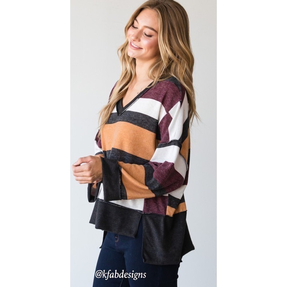 LAST 2! V Neck Large Striped Soft Top In a Relaxed Style and Rich Colors! - Picture 4 of 7